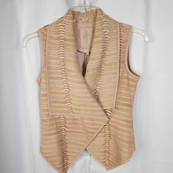 My Tribe Womens XS Pink Tan Leather & Suede Twisted Striped Drape Collared Vest - Picture 1 of 7